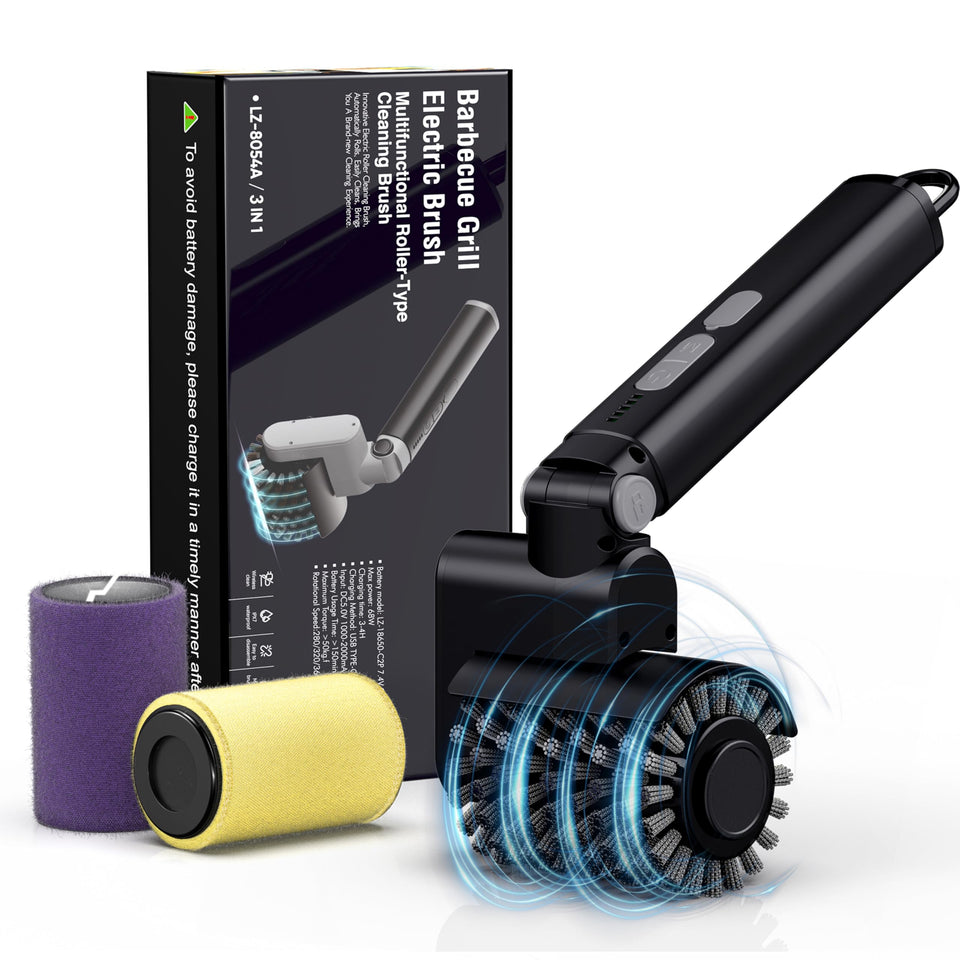 Aurviv electric grill brush in action showing 3-speed rotation for effortless cleaning.