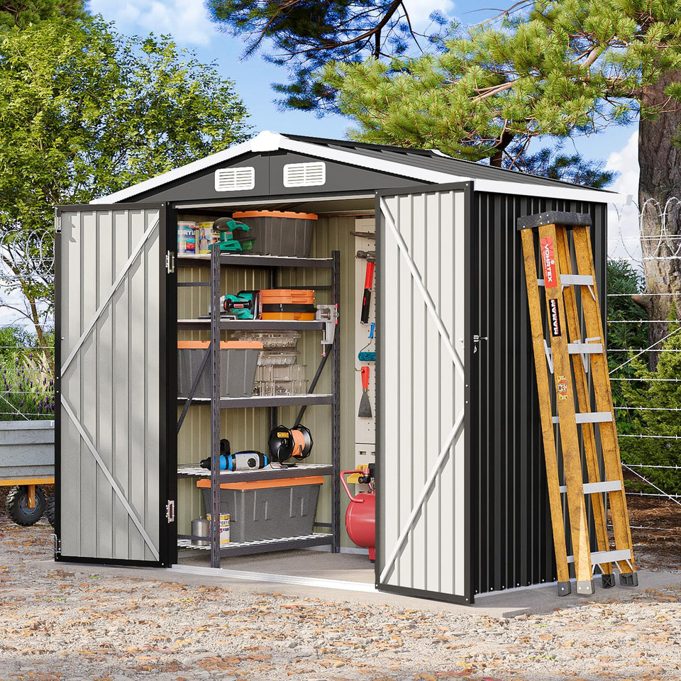 Breezestival shed front view shows durable weatherproof metal construction for outdoor storage.