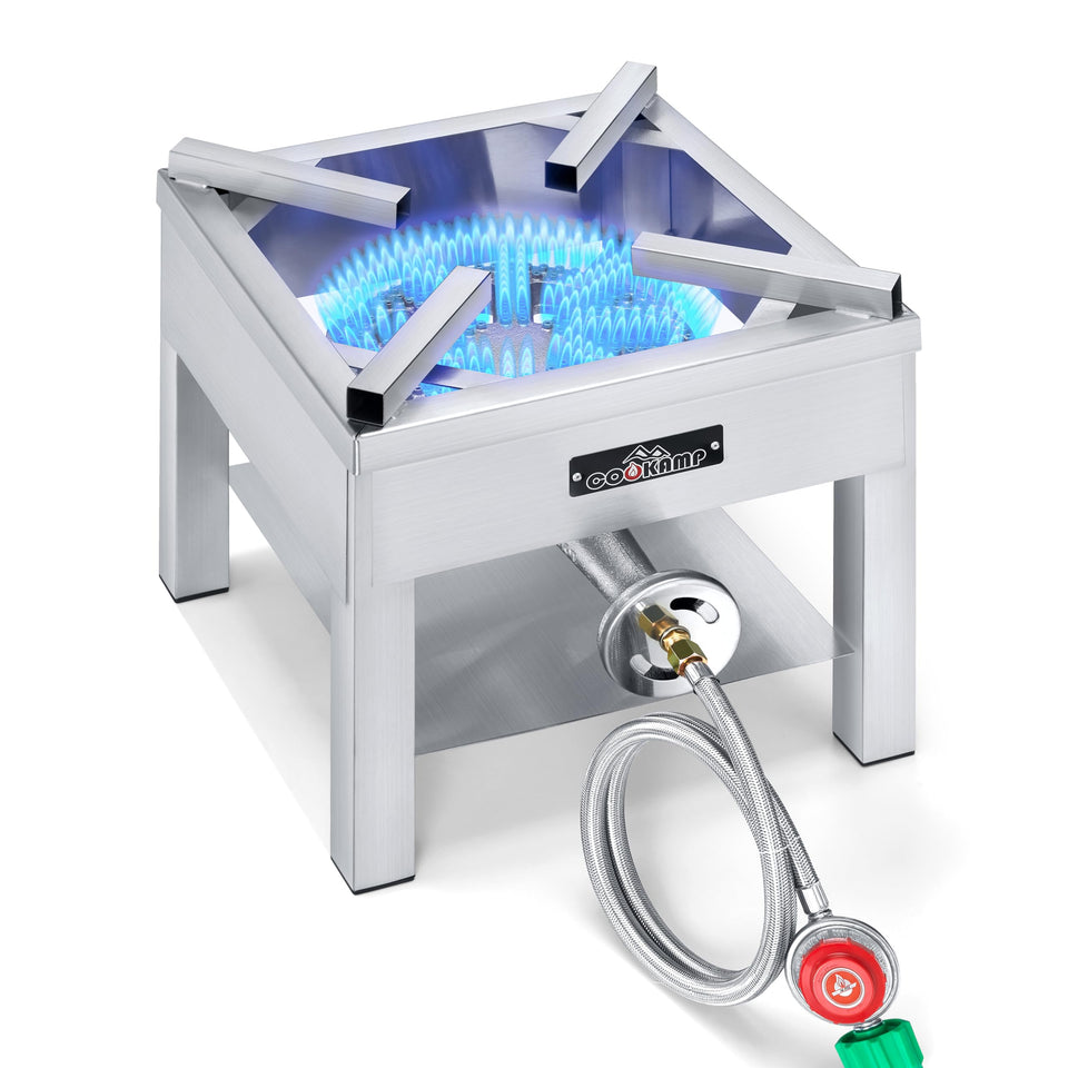 COOKAMP SS1750 stainless steel burner assembly shows durable outdoor construction