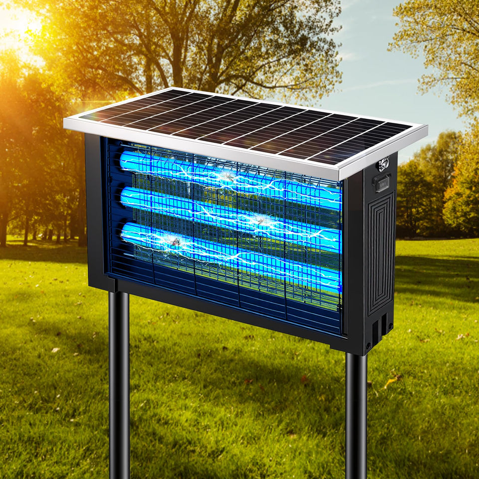 COOSPIDER UV solar bug zapper with three LED tubes for large outdoor areas.