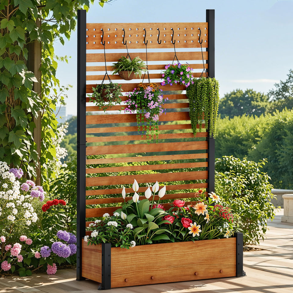 DWVO outdoor privacy fence with planter trellis creates a secluded, landscaped backyard corner.