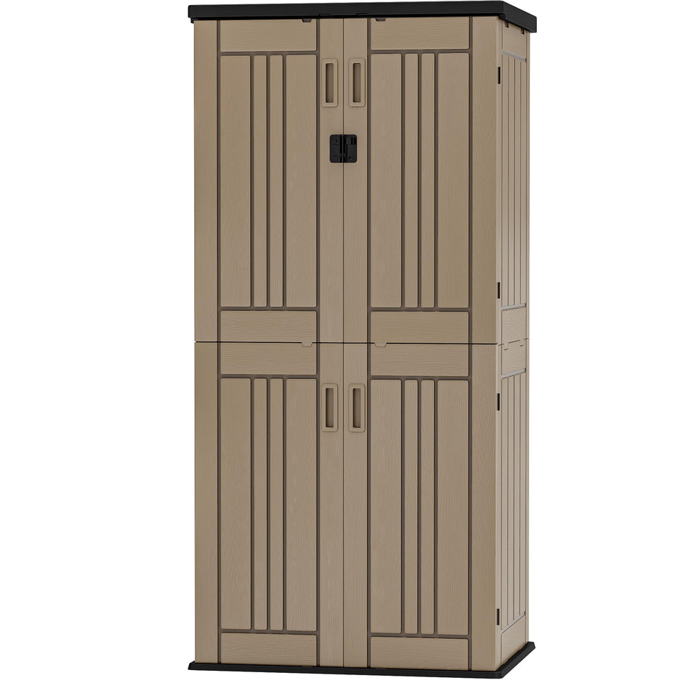 DWVO outdoor vertical shed front view showcases tall footprint and large storage potential.