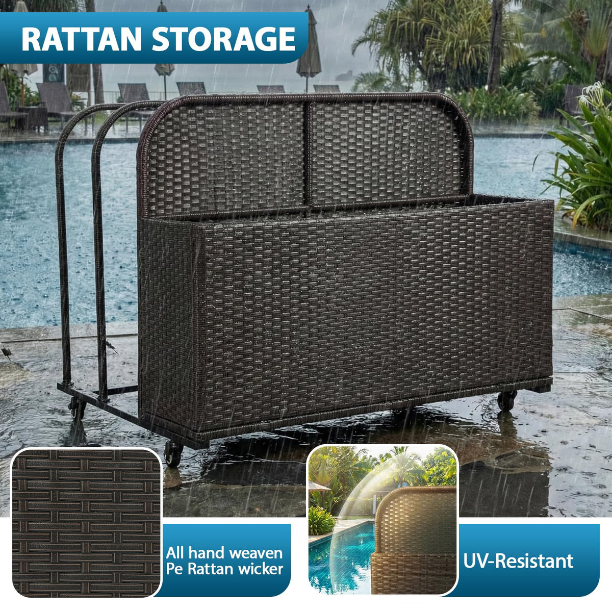 FDW wheeled pool storage rack moves easily around the deck.