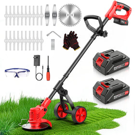 FzzboFlow cordless weed wacker with wheels for easy mowing.
