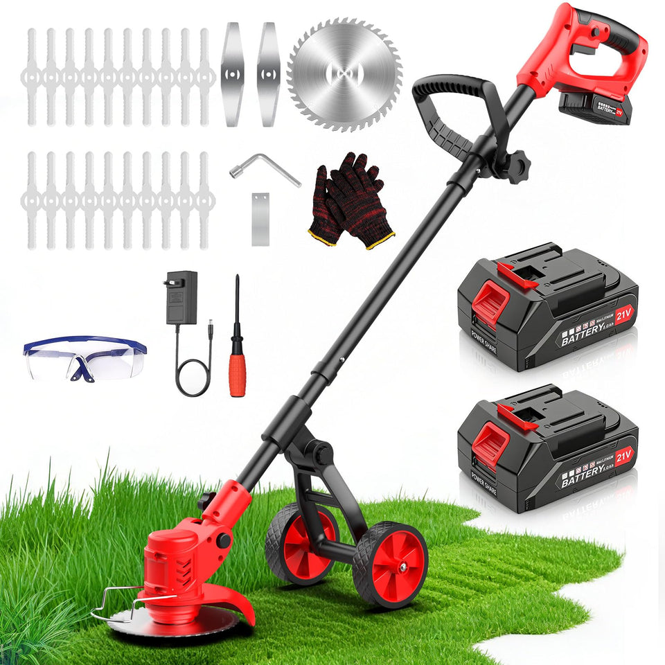 FzzboFlow cordless weed wacker with wheels for easy mowing.