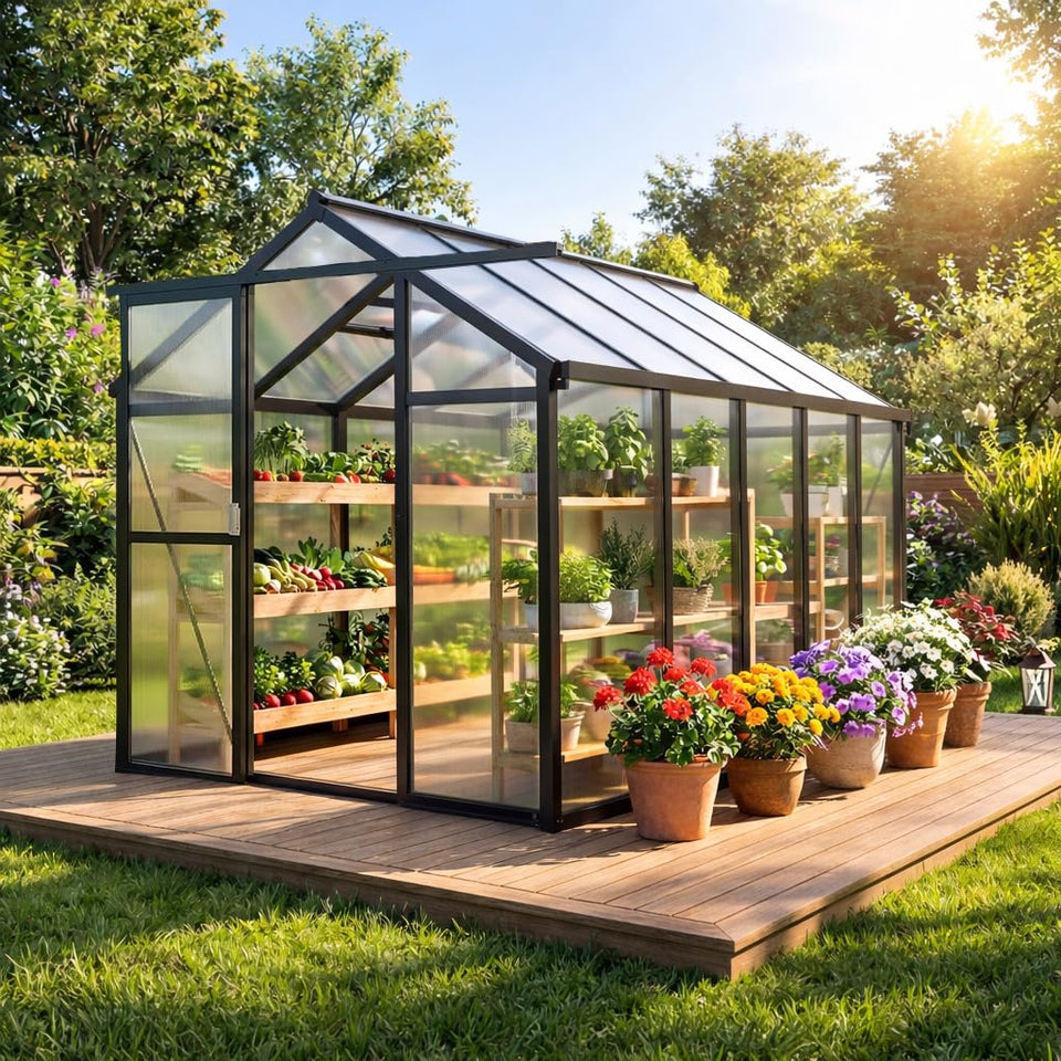 GarveeHome 6x8ft greenhouse frame shows durable aluminum construction for outdoor stability