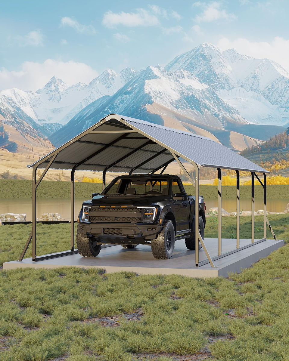 GarveeLife carport exterior view shows weather-ready shelter for trucks