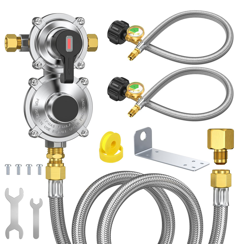 GasXpert RV 2-Stage Regulator close-up highlighting brass body for outdoor use.