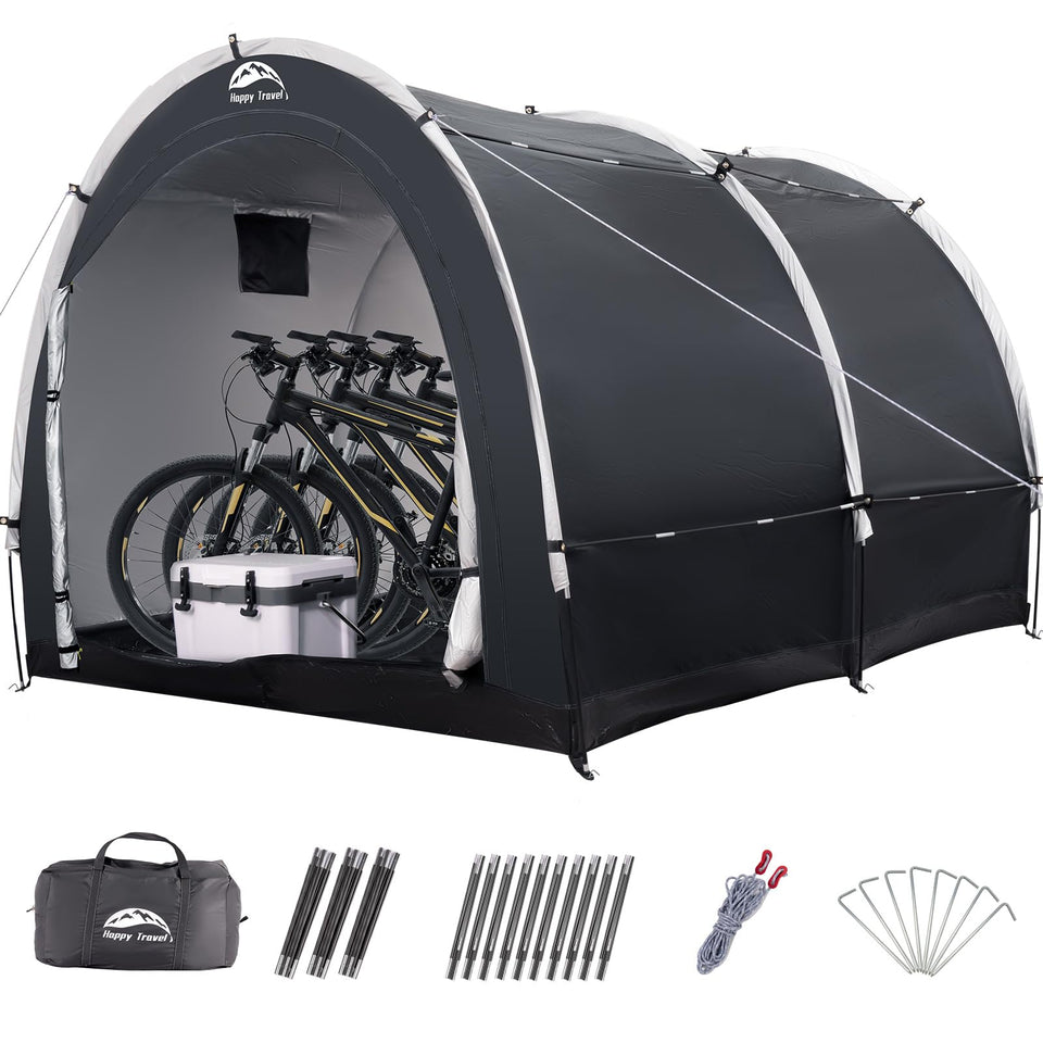 Happy Travel bike storage tent with open doors and ventilation for easy access