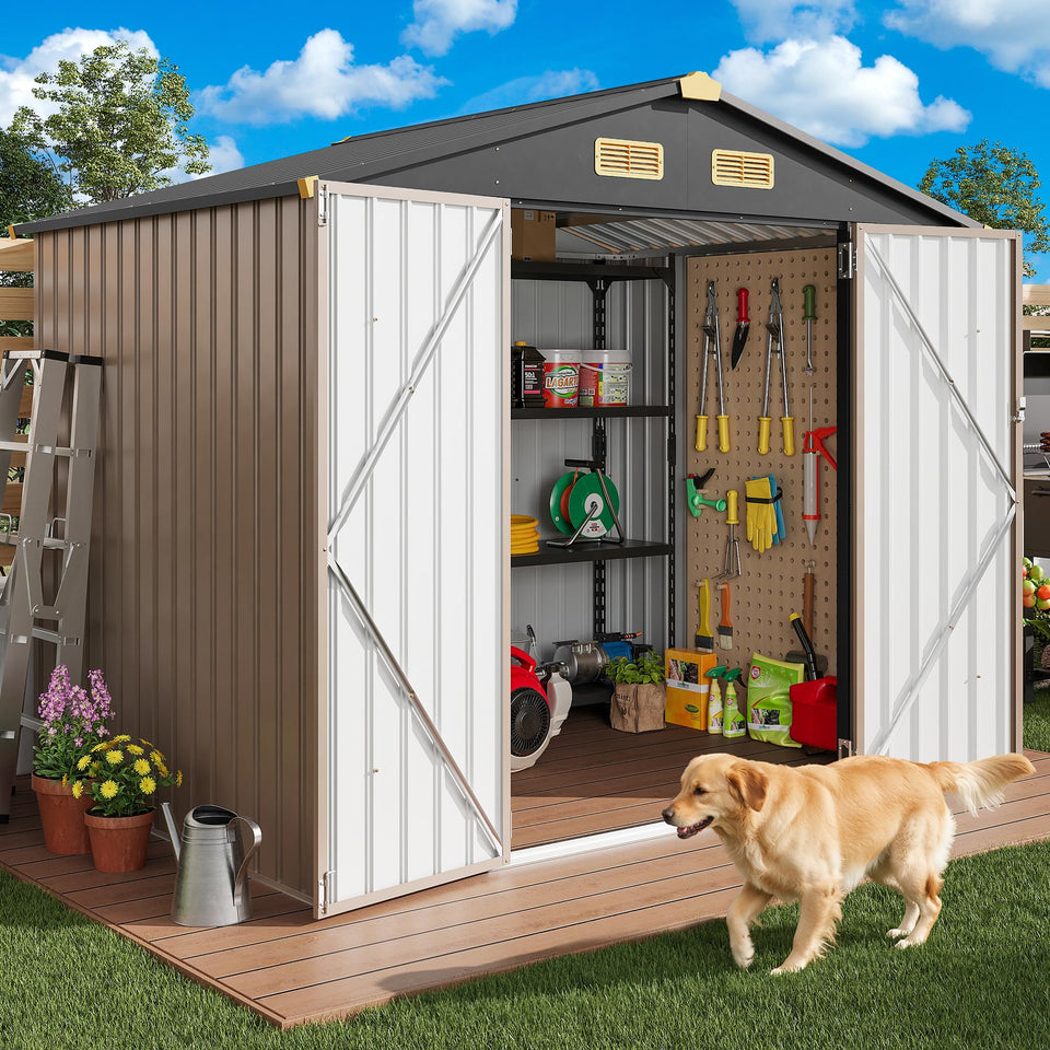 IRONCK 8x6ft outdoor storage shed front doors show secure, easy-access tool organization.