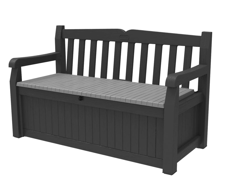 Keter Solana storage bench with closed lid keeps items secure and dry.
