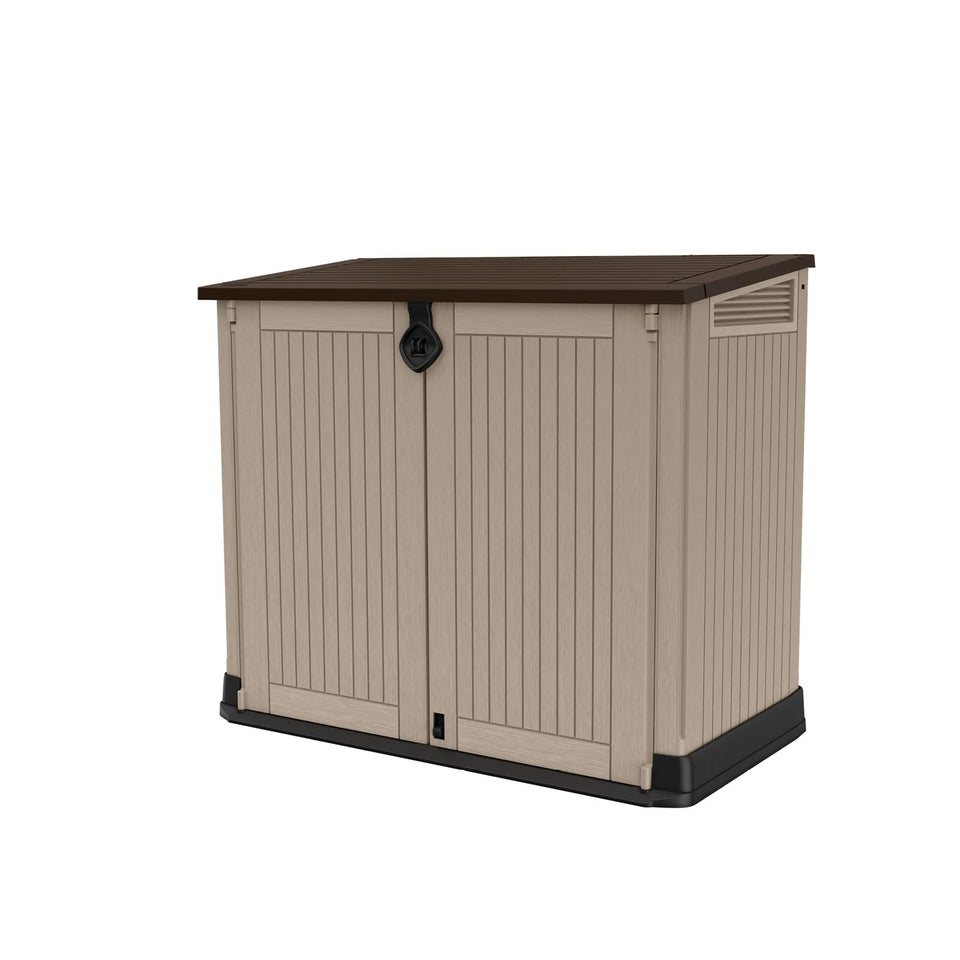 Keter Store-It-Out MIDI lid open for quick access to trash cans and garden tools