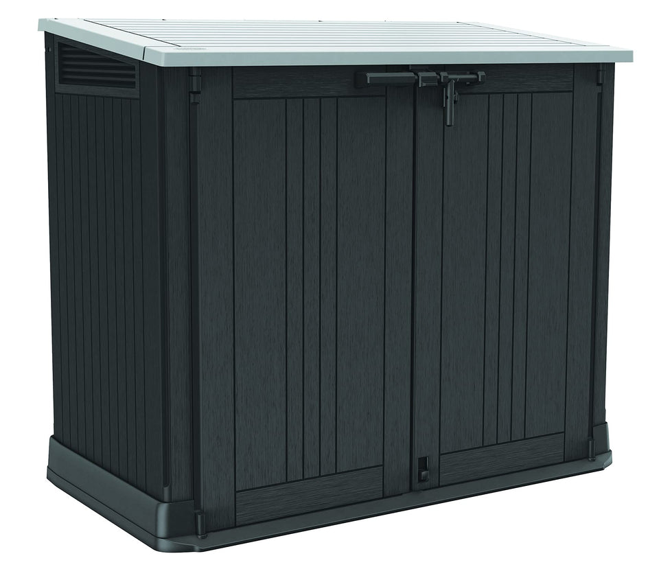 Keter Store-It-Out Prime front doors offer wide access for yard tools.