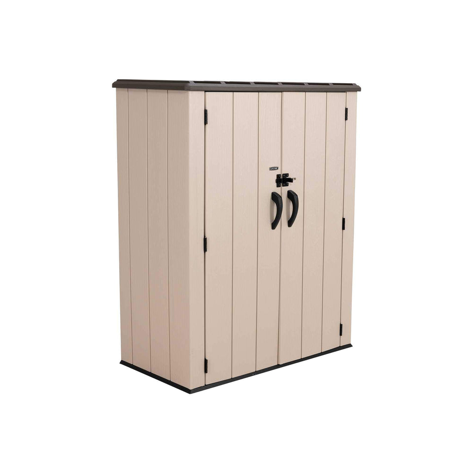 Lifetime Vertical Storage Shed Desert Sand exterior front view for durable outdoor storage.