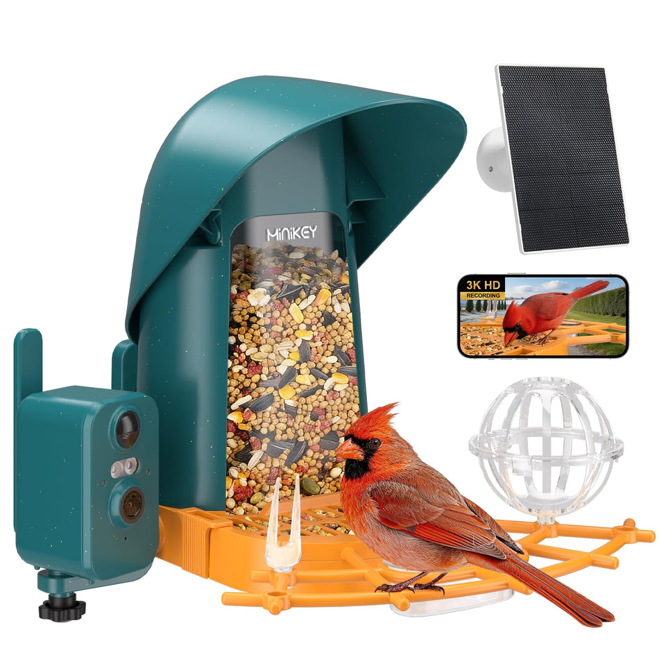 Minikey Smart Bird Feeder front view for easy backyard setup.