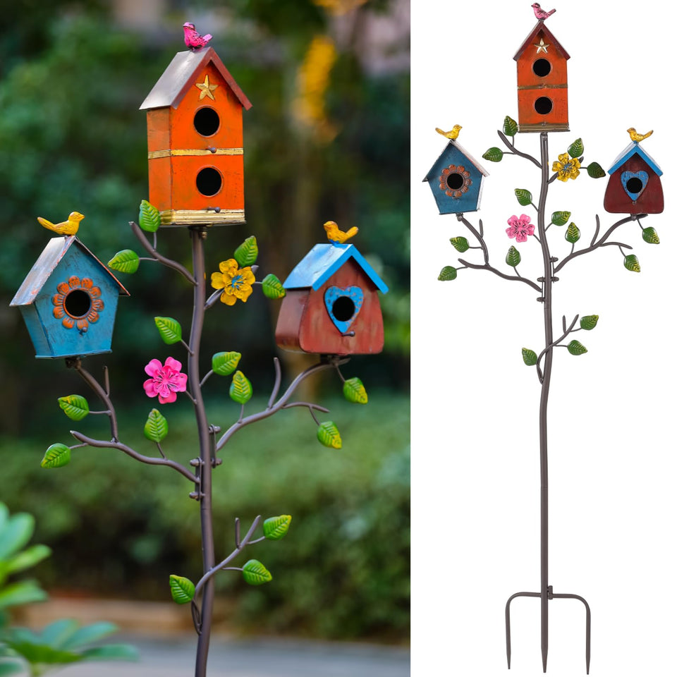 MOCOME multi-bird houses on stake in the garden, adding charm and bird attraction.