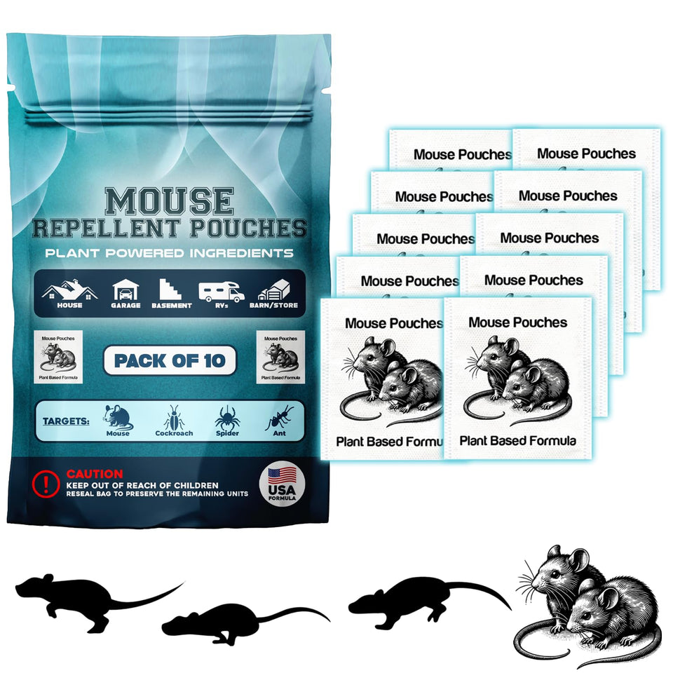 Mouse Repellent Pouches packaging showing easy setup for homes.