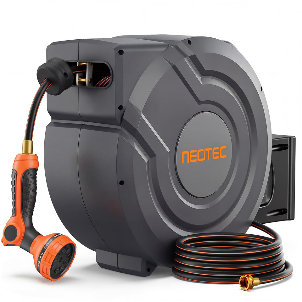 NEOTEC upgraded retractable hose reel overview showing 130 ft reach for large gardens