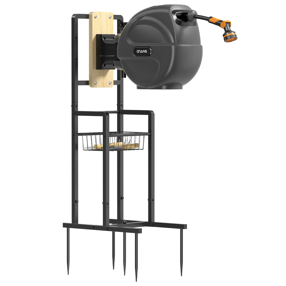 ONWAYHOME retractable hose reel stand base provides stable freestanding support.