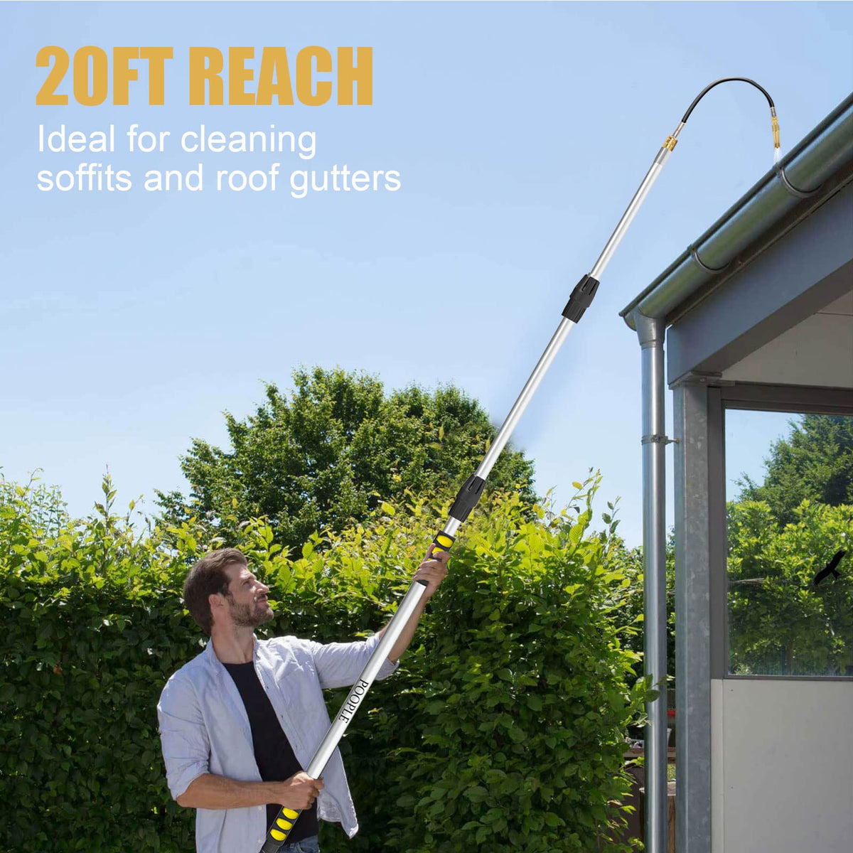 POOPLE gutter cleaner with flow control valve allows adjustable water pressure for effective cleaning.