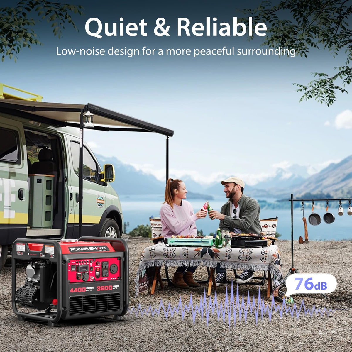 PowerSmart 4400W generator side view shows easy portability and storage.