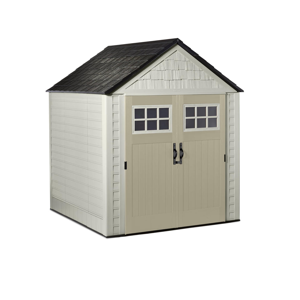 Rubbermaid 7x7 weatherproof shed front view for outdoor storage.