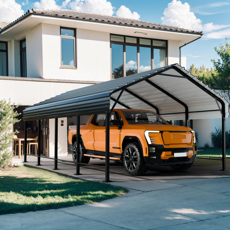 Shintenchi 12x20ft metal carport roof close-up highlighting rust-resistant galvanized finish.