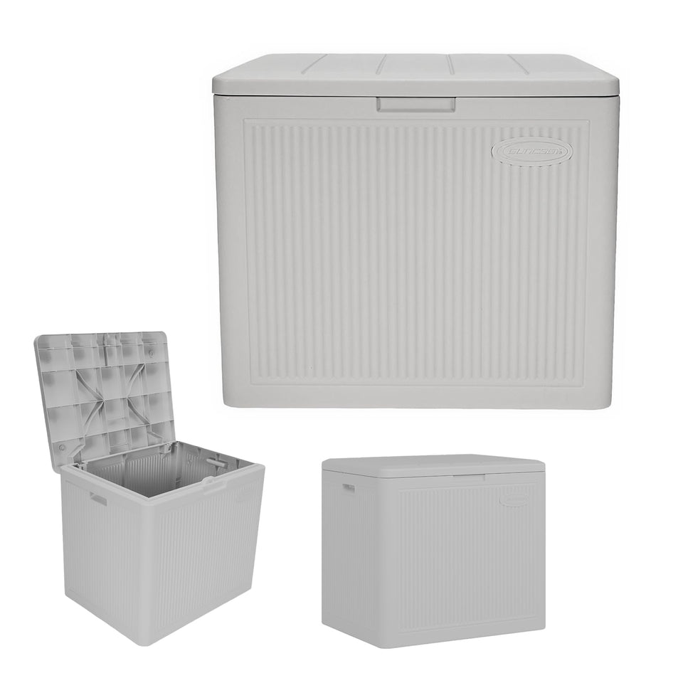 Suncast 22-Gal deck box with reed design for compact outdoor storage.