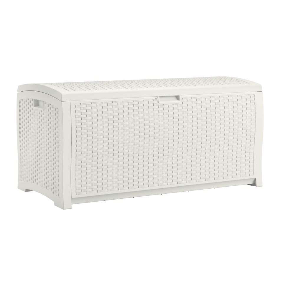 Suncast 99-gallon deck box front view offering ample outdoor storage for cushions and tools