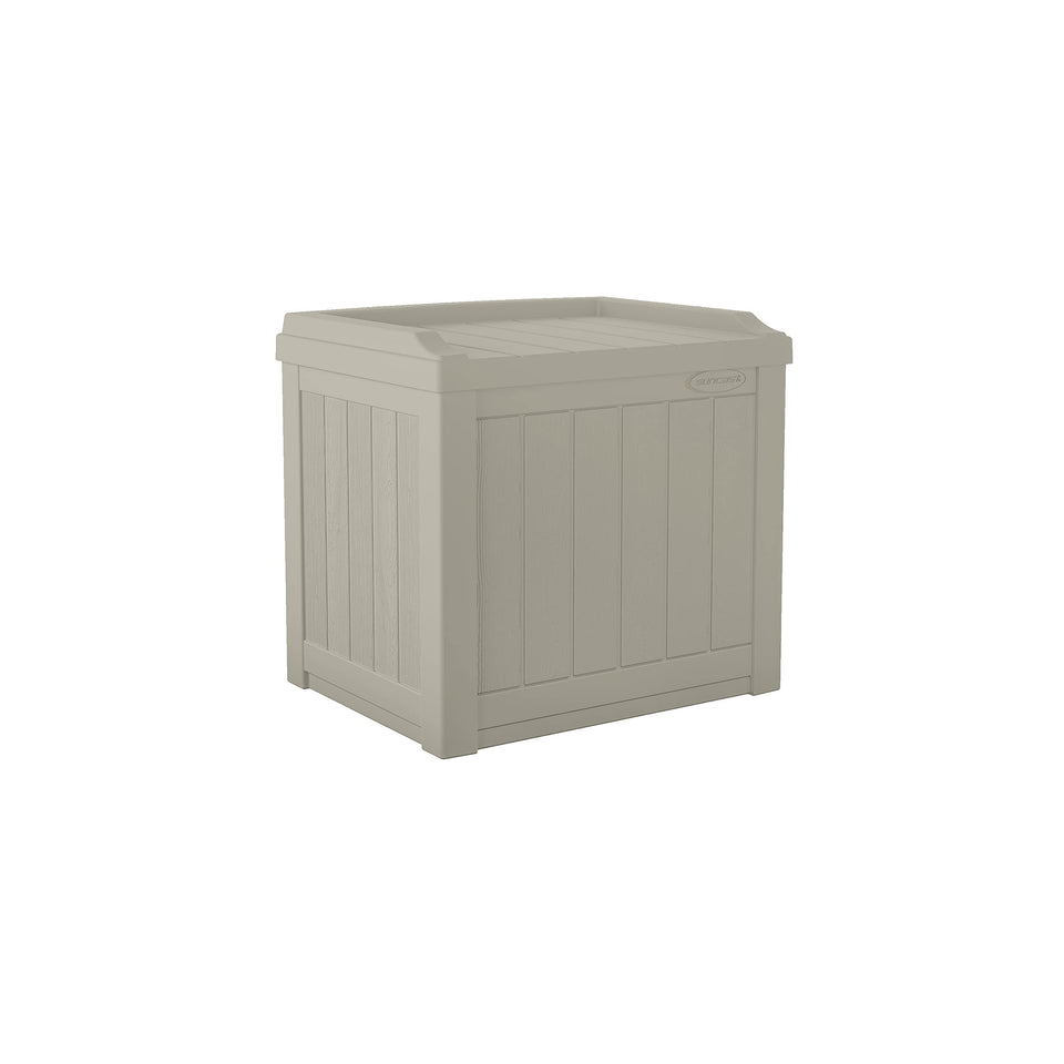 Suncast 22-gallon outdoor storage box front view, weatherproof and spacious.