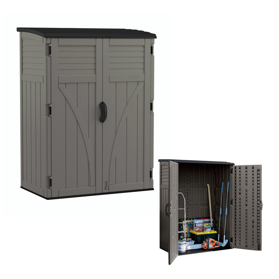 Suncast vertical shed front view with compact footprint and Stoney finish.