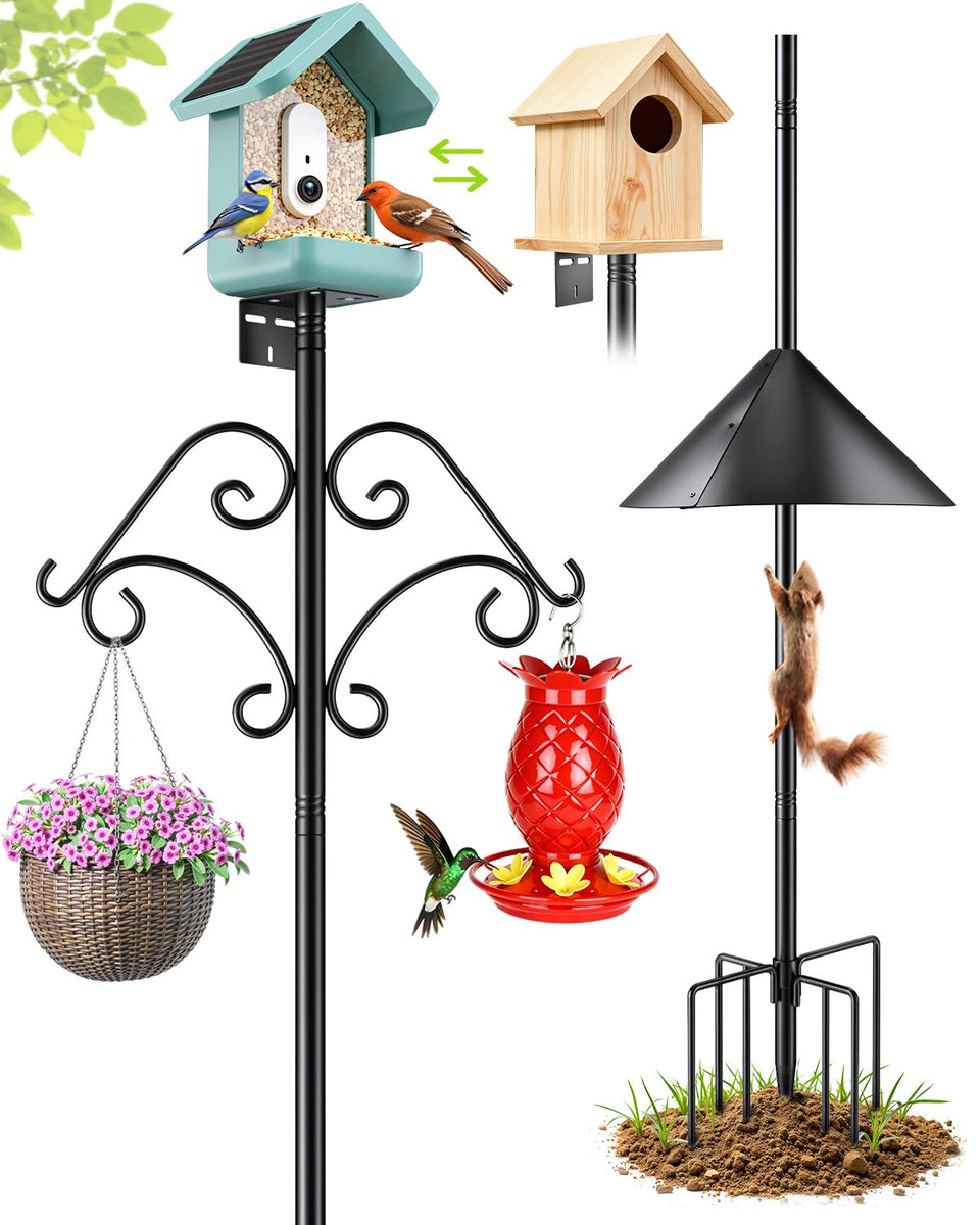 TLEYTOA 92inch pole with baffle shields feeders from squirrels, keeping seeds available for birds.