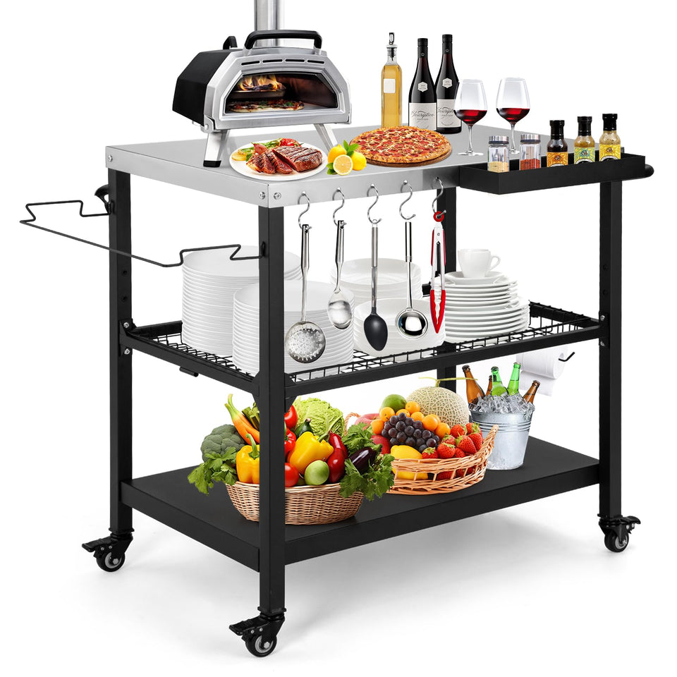 Tyfnry Outdoor Grill Cart with side tray for easy seasoning and tool access.