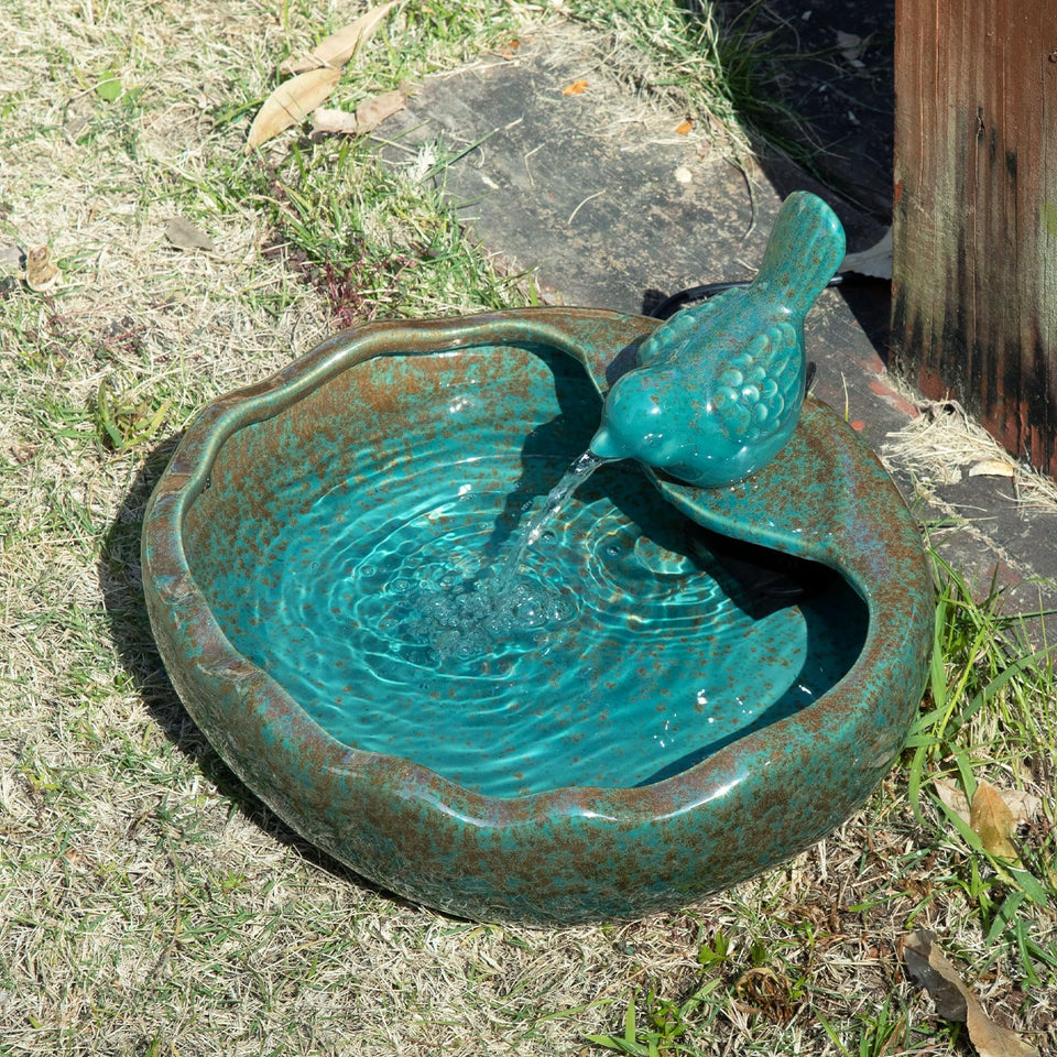 UPSJYJ ceramic solar bird bath front view attracts birds with elegant design
