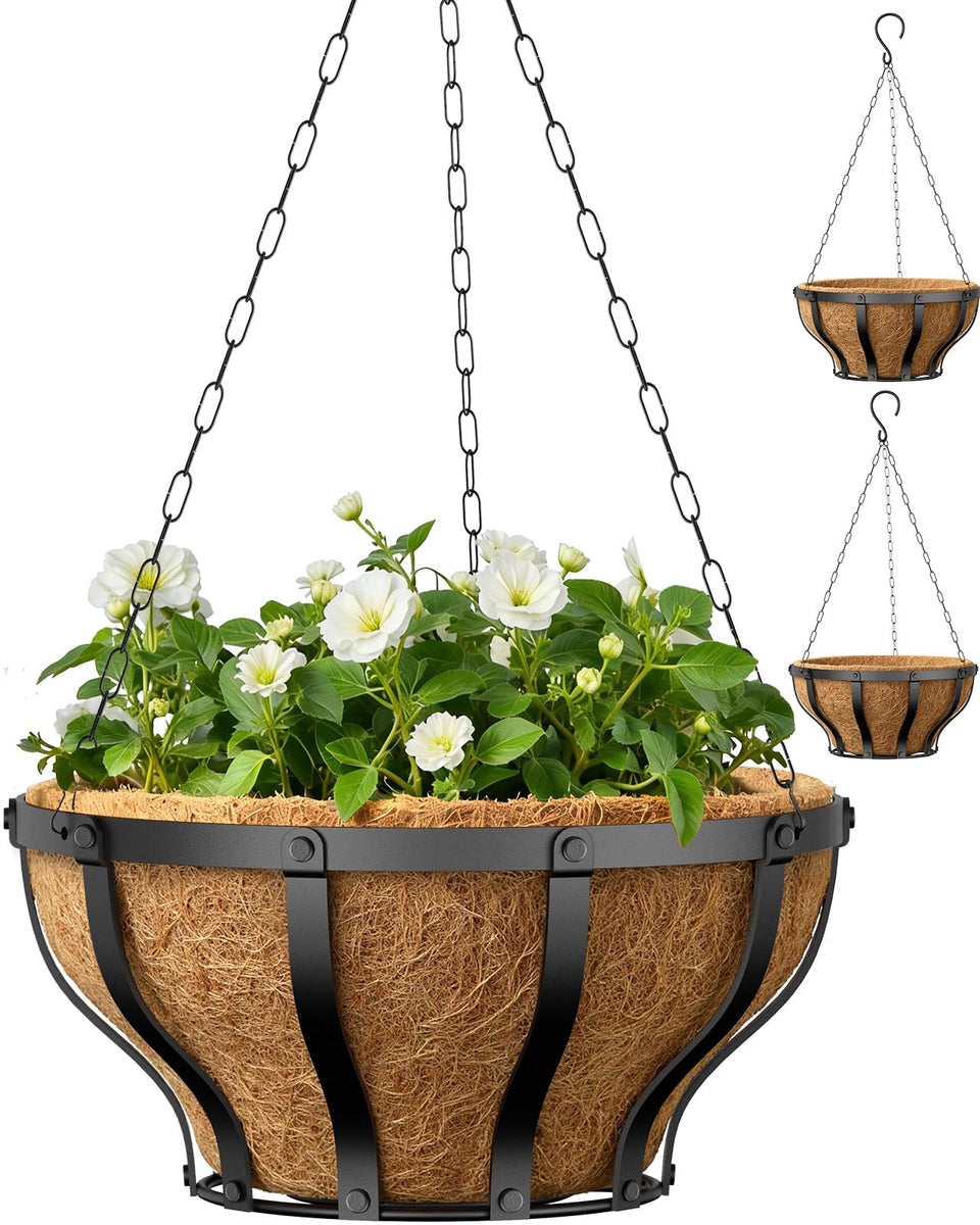 VOXOR metal hanging baskets 12-inch round ideal for vibrant outdoor plant displays.