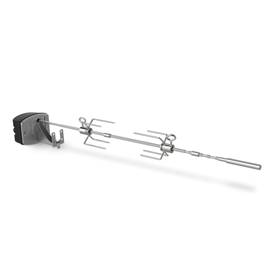 Weber Spirit rotisserie motor with stainless shaft and forks for even, self-basted cooking.