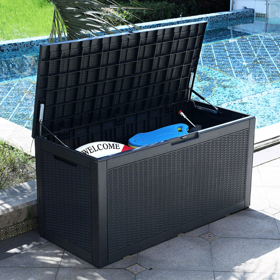YITAHOME 100-gallon deck box lid closed for secure outdoor storage.