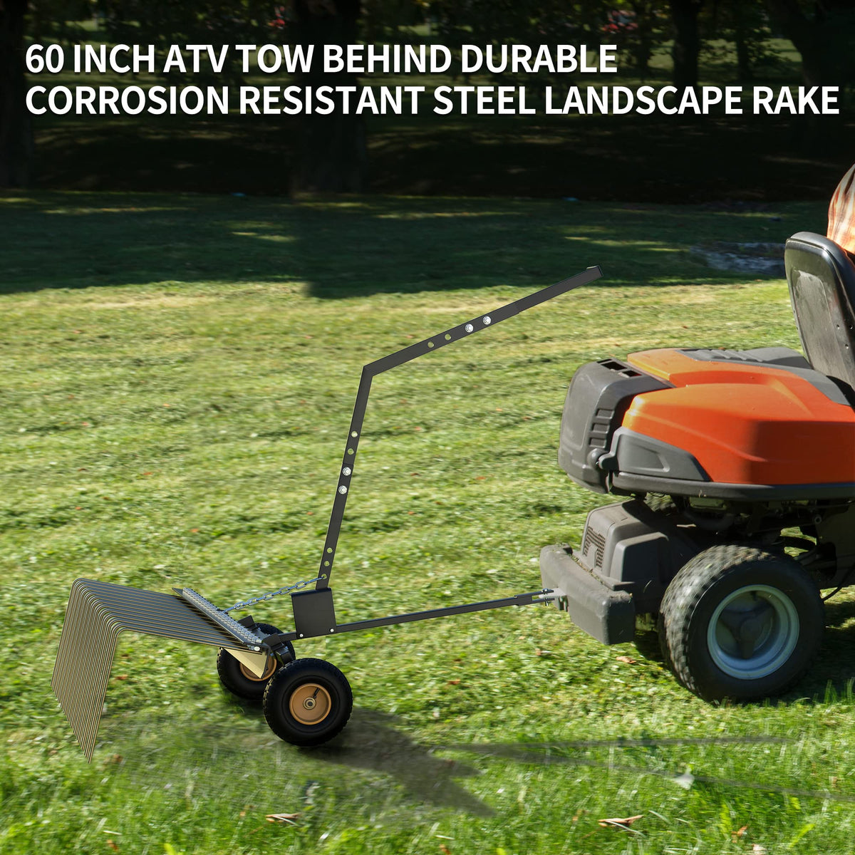 YITAMOTOR tow behind lawn rake in action on grass