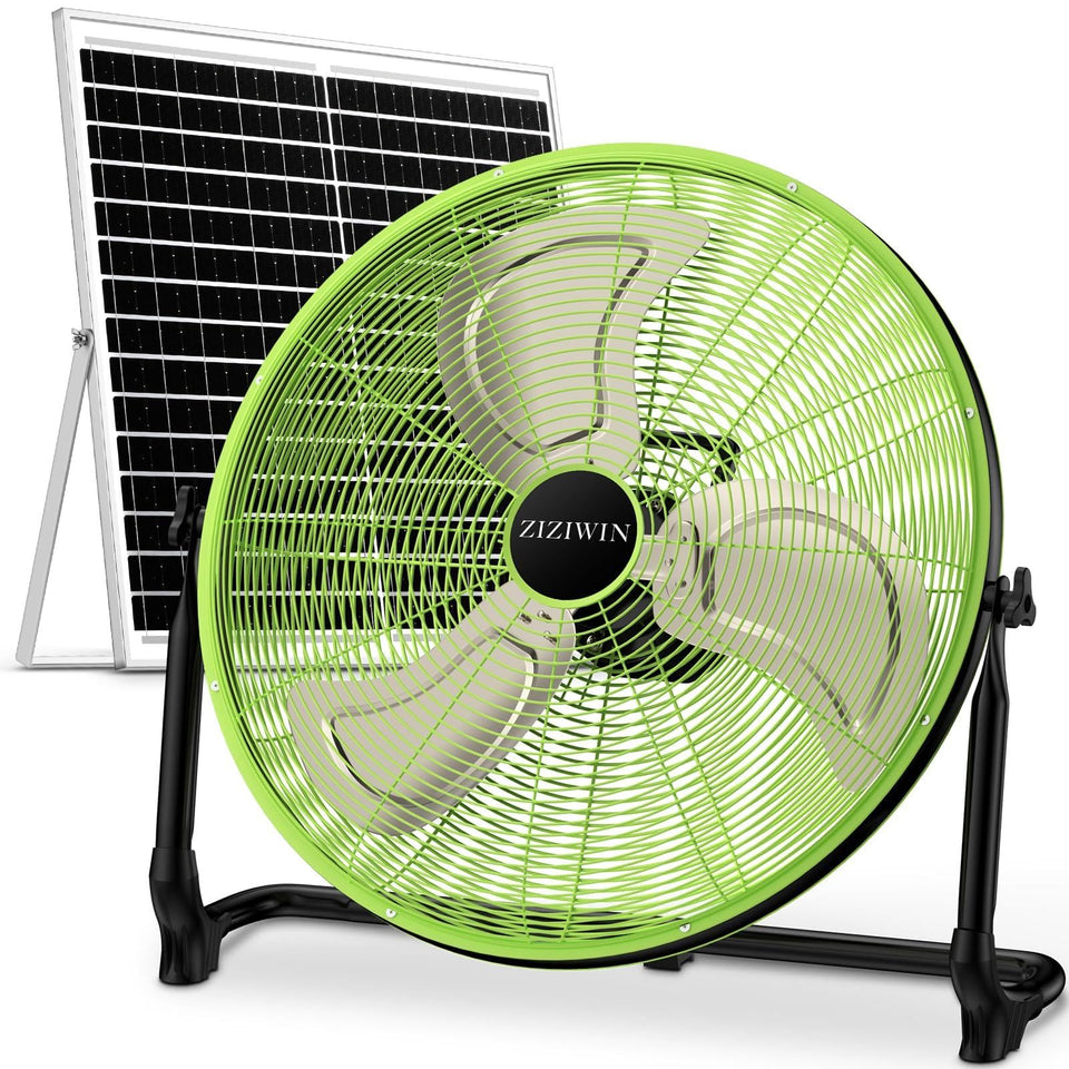 ZIZIWIN 20-inch solar fan front view for outdoor cooling.